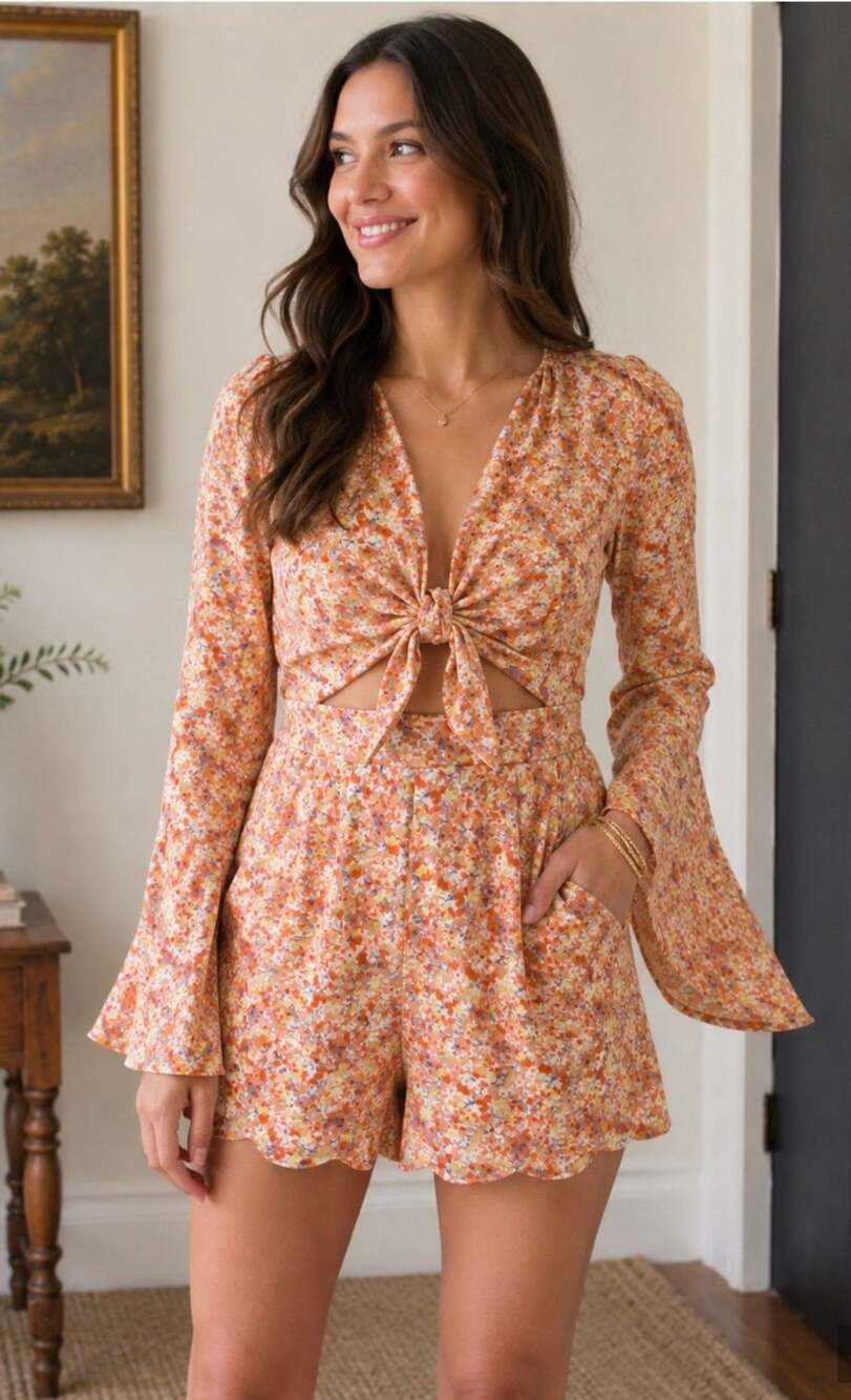 Pink Lily Floral Tie Front Bell Sleeve Romper Sz S (l1)
